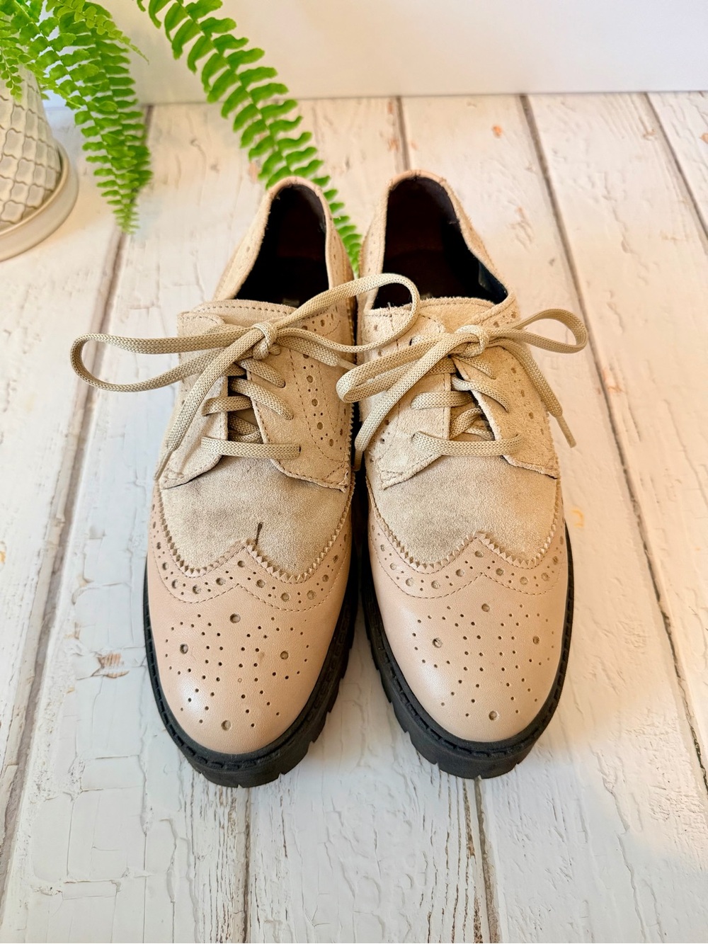 Maeve Beige Suede & Leather Wingtip Loafers
